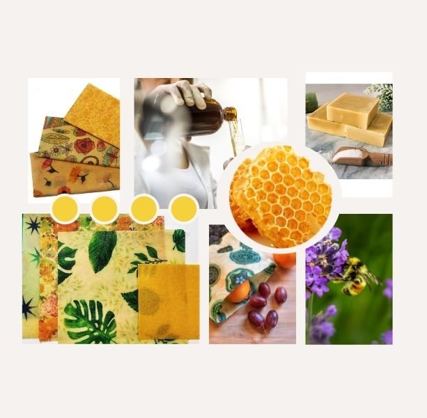 Whats-the-buzz-collage collage of various ways to use a Beezy Wrap beeswax wrap